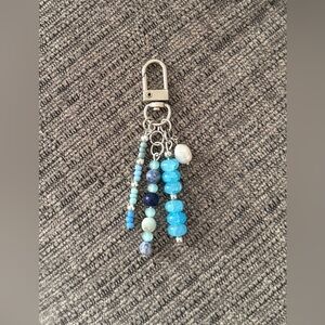 Blue & Silver Beaded Bag Charm Keychain with Real Pearl